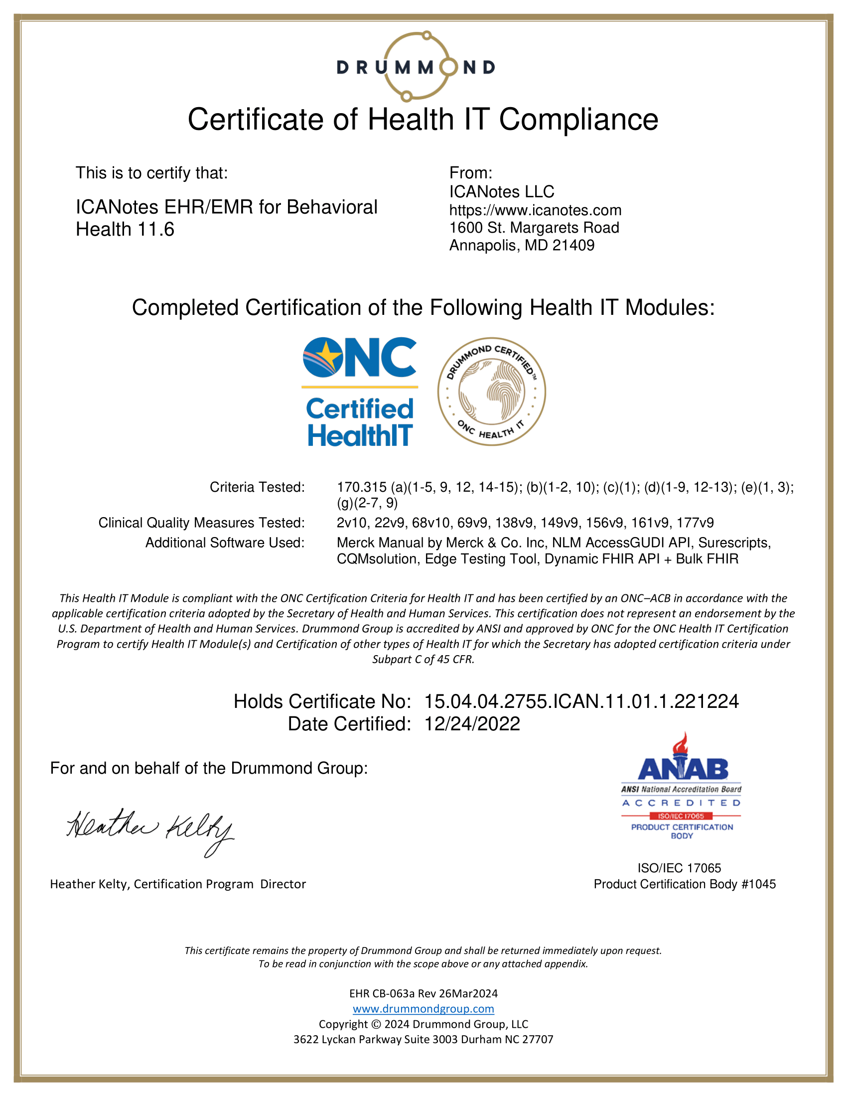 Compliance Certificate ICANotes EHR EMR for Behavioral Health 11.6 062424-1